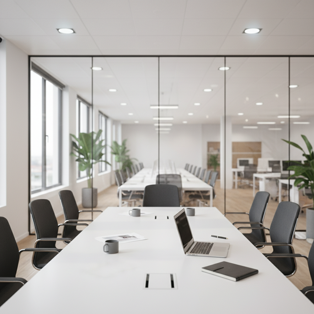A contemporary corporate photography environment inside a glass-walled meeting room, where sleek ergonomic chairs encircle a long, matte white conference table. At the table’s head, a high-end laptop is open beside an elegant black notebook and a brushed metal pen, subtly indicating professional activity. Beyond the clear glass walls, an out-of-focus open-plan office with modern desks and soft greenery creates depth. Natural daylight floods in from floor-to-ceiling windows, enhanced by discreet recessed ceiling lights, casting clean, gentle shadows and crisp reflections on the glass surfaces. The mood is polished, confident, and efficient. Captured from a slightly elevated angle with moderate depth of field, the composition emphasizes a sophisticated corporate setting ideal for business portrait and branding photography in sharp, realistic detail.